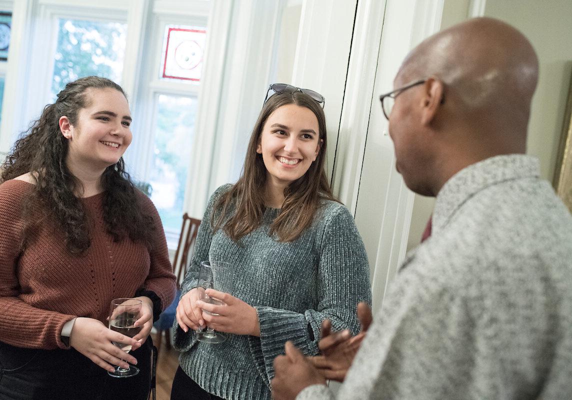 Admission counselors talk with students at the President's House as seen October 21, 2019 during the Creosote Affects photo shoot at Washington &amp; Jefferson College.